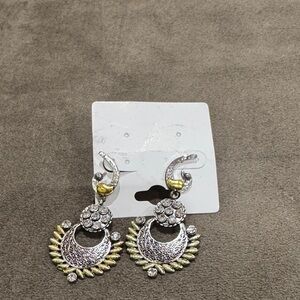 Silver and Gold Decorative Dangle Earrings with Crystal Accents